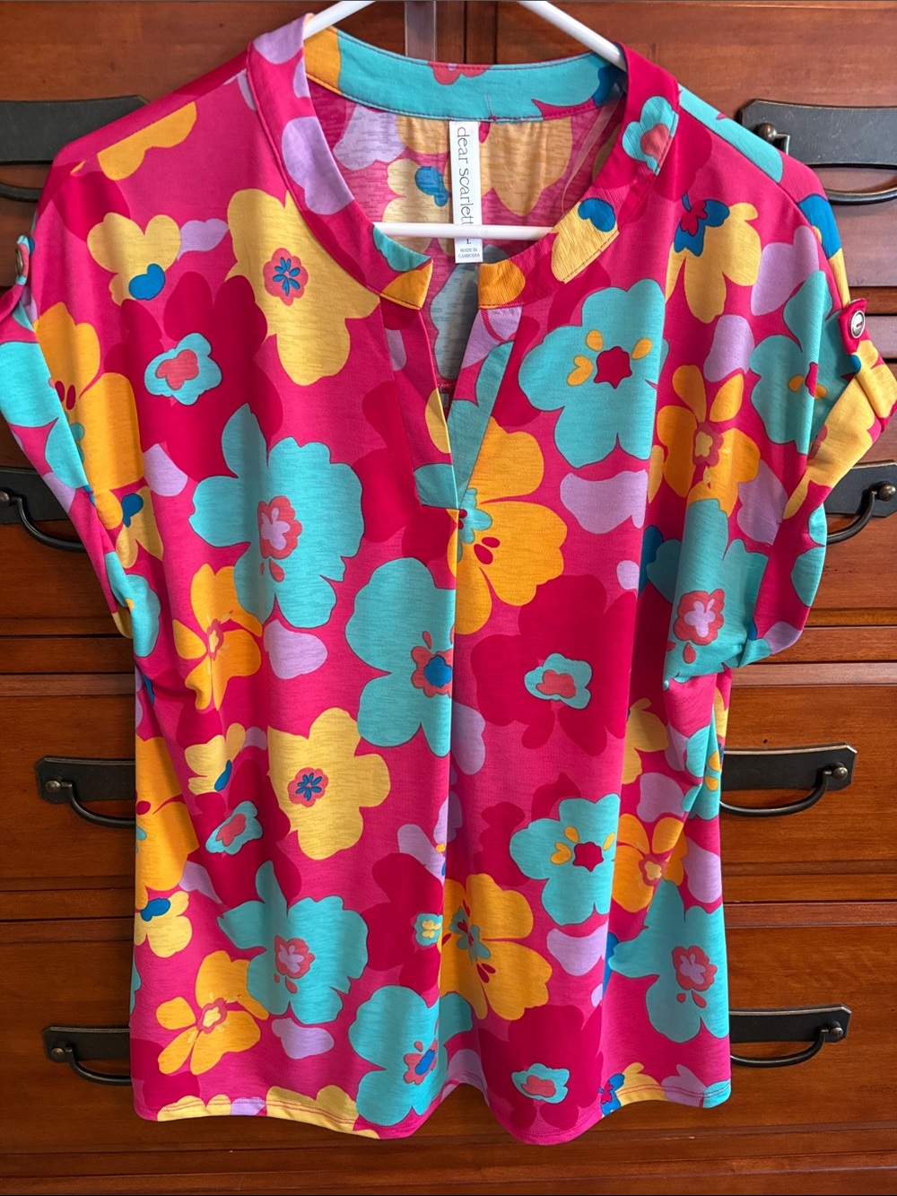 Dear Scarlett Fuchsia Floral V-Neck Tunic with Aqua & Yellow Accents